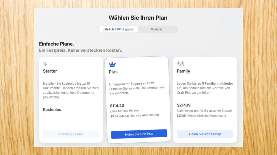 Kostenvergleich bei Craft (Stand Juli 2025). Je intensiver ihr das Tool nutzt, desto schneller stoßt ihr an die Grenzen der freien Version.