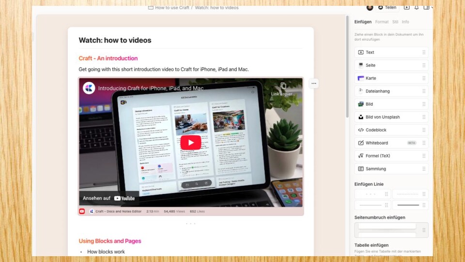 Mit dem Seitenaufbau bei Craft könnt ihr flexibel und mit Bausteinen eure Notizen und Dokumente anordnen.