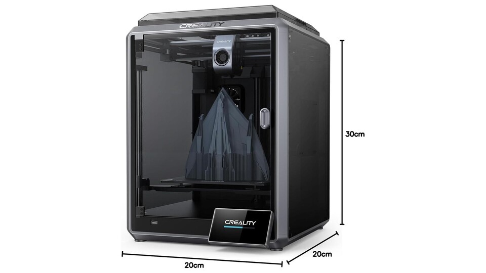 The K1 from Creality is not super small, but it fits on most workbenches or desks and uses its size to create the most extensive print bed possible.