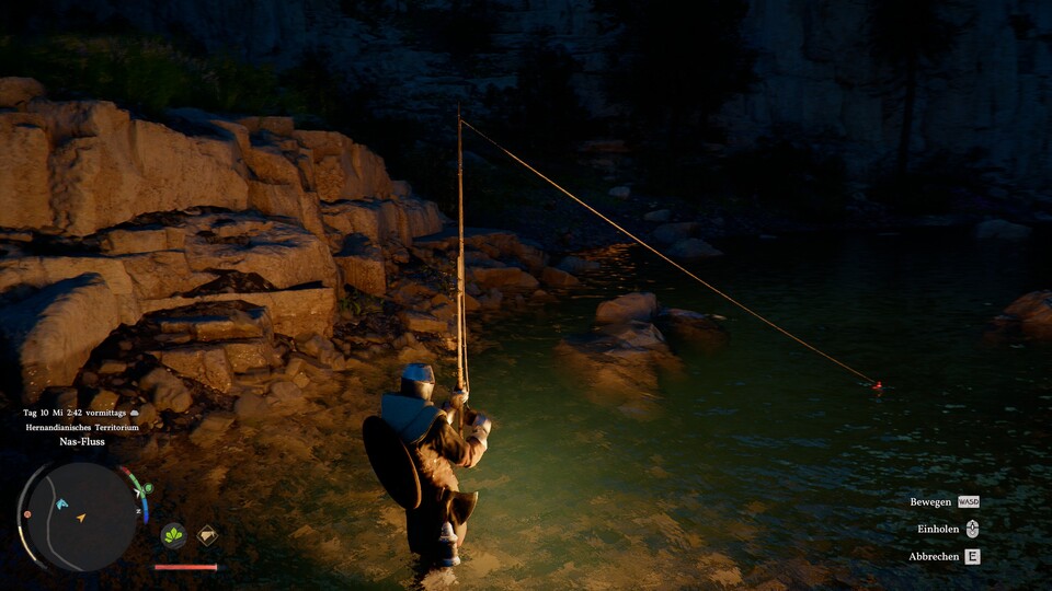 Der Haken ist im Wasser. Wir empfehlen, bei Tageslicht zu angeln, da ihr so besser erkennt, wenn sich Fische nähren.