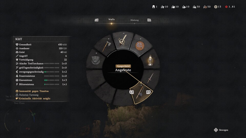 Die Angel findet ihr im Waffenrad auf dem Bogen-Slot.