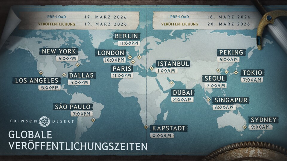 Crimson Desert erscheint weltweit zur gleichen Zeit, der Preload startet für die meisten Plattformen genau 48 Stunden vor Launch.