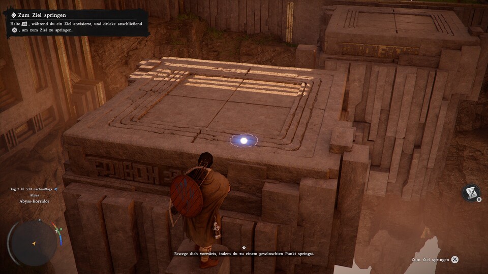 Mit dem kleinen Kreis müsst ihr zunächst auf die Plattform zielen, bevor ihr draufspringen könnt.