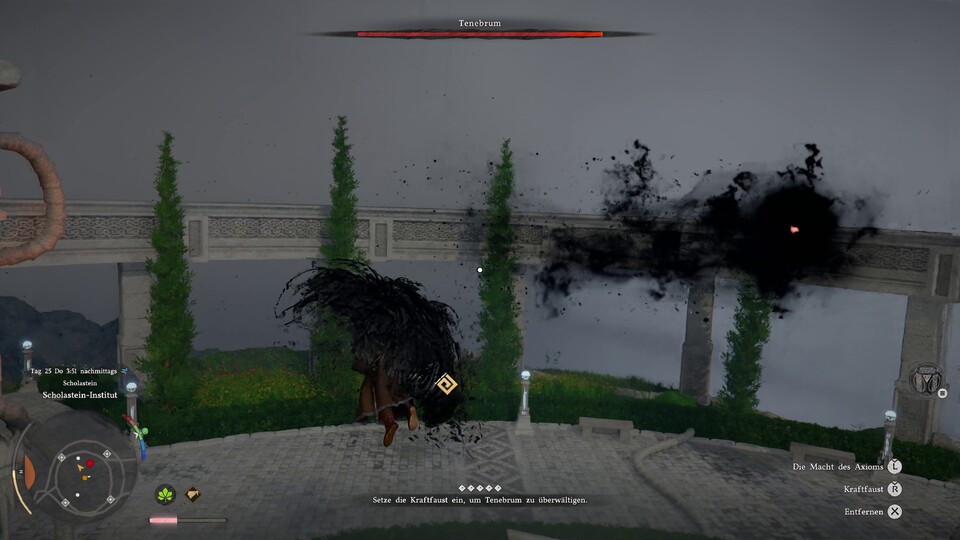 Umkreist den Tenebrum und weicht seinen Attacken aus, bis er in der Mitte zum Stehen kommt.