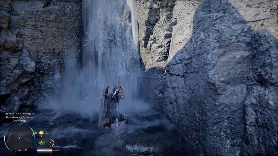 Wenn hinter einem Wasserfall eine Höhle wartet, dann kommt ihr mit »Stoßen« hindurch. Wenn nicht, dann machts PLATSCH.