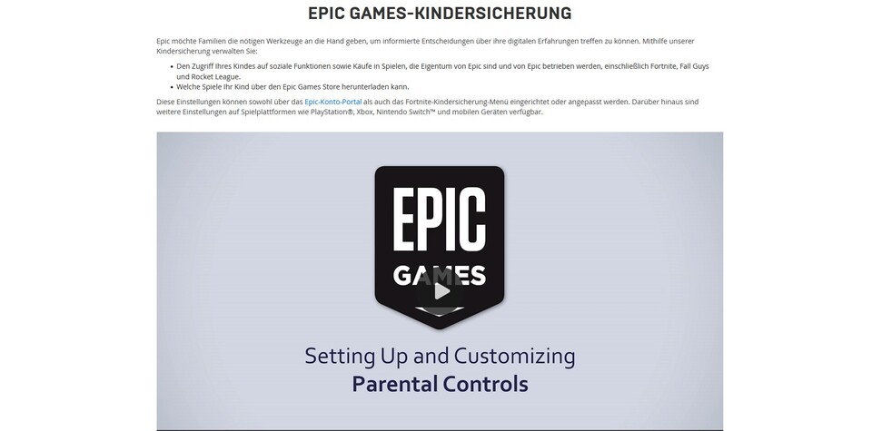 Auf seiner Webseite gibt Epic Games Tipps zur Kindersicherung.