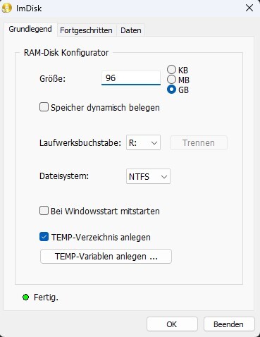 In ImDisk legen wir mit handgezählten zwei Klicks das virtuelle Laufwerk an.