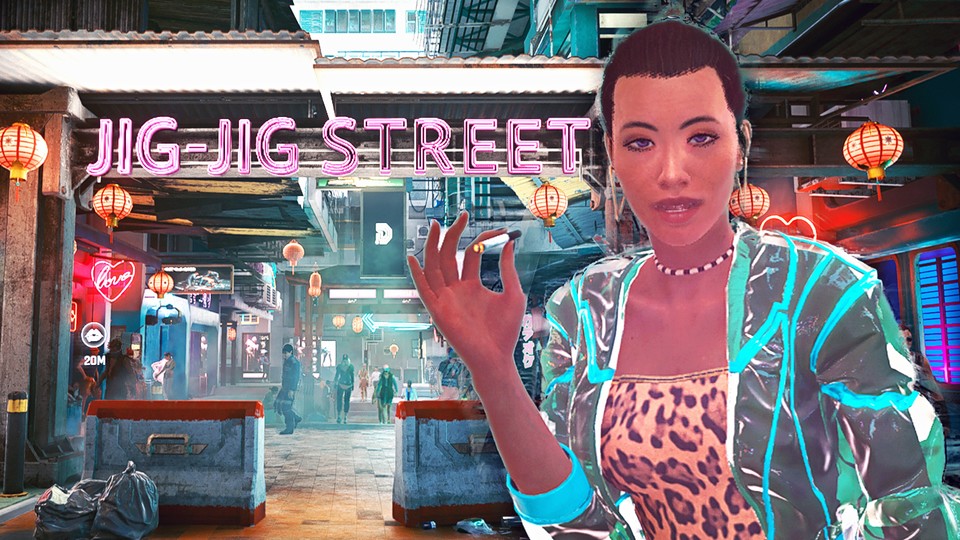 Um euch keine der »echten« Romanzen von Cyberpunk 2077 zu spoilern, gibt zum Start unseres Guides nur dieses Bild einer Sexarbeiterin aus der Jig-Jig Street.