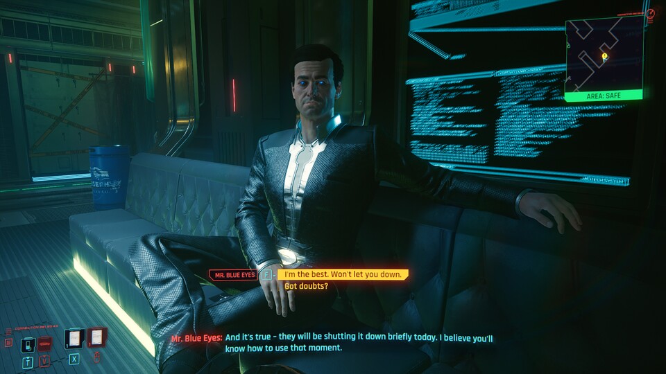 Im Ende &quot;The Sun&quot; von Cyberpunk 2077 besprechen V und Mr. Blue Eyes den Überfall auf das Weltraum-Casino Crystal Palace.