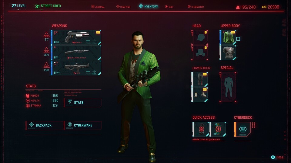 So sieht euer Inventar in Cyberpunk 2077 aus. Ihr seht, welche Waffen ihr dabei habt und welche Kleidung ihr gerade tragt.