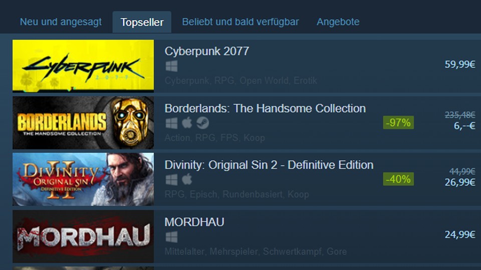 Nach der Live-Schaltung der Produktseite hat keine zwei Stunden gedauert und schon steht Cyberpunk 2077 auf dem Spitzenplatzd er Topseller.