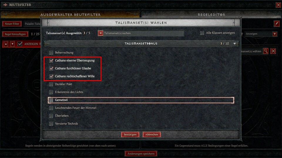 Für unser Beispiel 1 tragen wir Cathans drei Zauber als Filterobjekt ein.