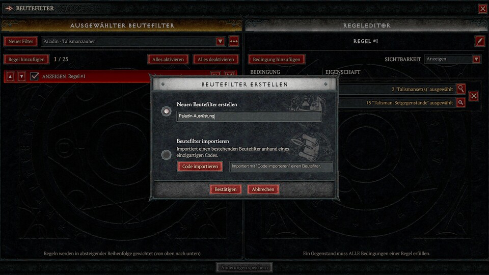 Beispiel 2: Die zweite Filterregel soll alle Gegenstände nach bestimmten Affixen durchsuchen.