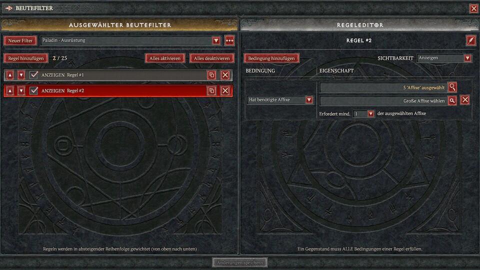 Beispiel 2: Wir haben fünf Affixe festgelegt, von denen mindestens eines vertreten sein muss, jedoch keines ein großes Primäraffix darstellen soll.