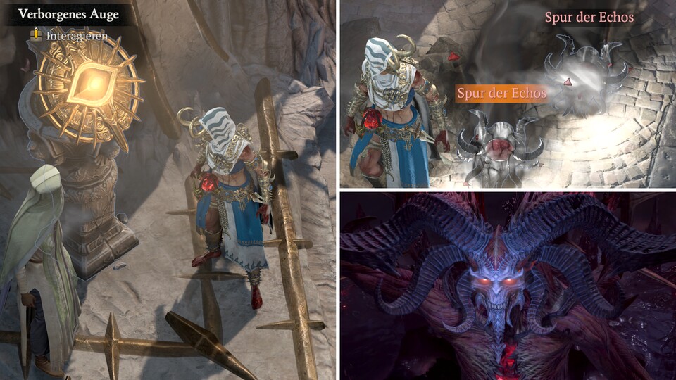 Über das Verborgene Auge in Temis (links) betretet ihr das Echo des Hasses. Dafür braucht ihr den seltenen Drop Spur der Echos (oben). Ab Qualstufe 10 geht’s zu Echo-Mephisto (unten).
