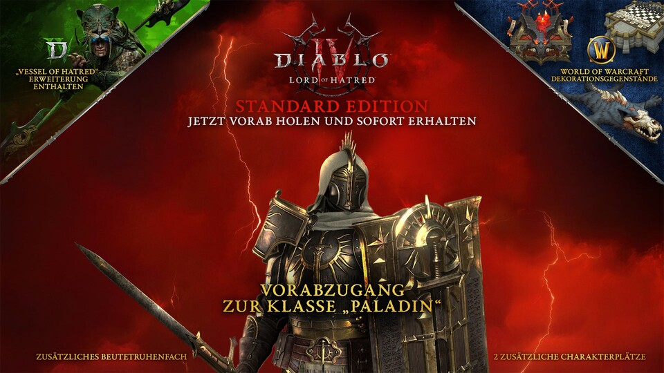 Schon die Standard-Edition von Lord of Hatred bietet euch das vorige Addon Vessel of Hatred, den Paladin als Sofortzugang sowie Goodies für WoW.