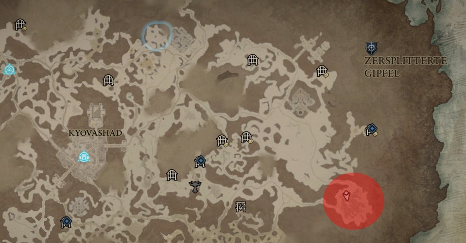 Im rot markierten Gebiet Schmelztiegel auf der Karte findet ihr Weltboss Ashava in Diablo 4.