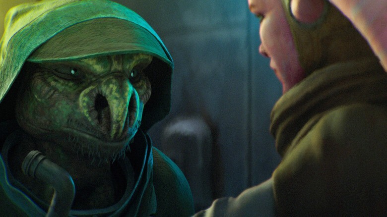 Meister Eeko-Dio Daki (Dennis Haysbert) ermahnt seinen Padawan zu Geduld. Er will keine Aufmerksamkeit auf sich ziehen. Bild: Lucasfilm.