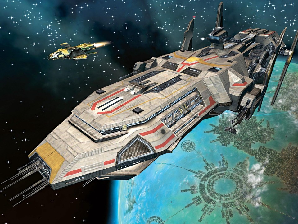 Schmucke Kriegsflotte: Die Darkstar One (hinten) gibt einem Megakreuzer der Terraner Geleitschutz.