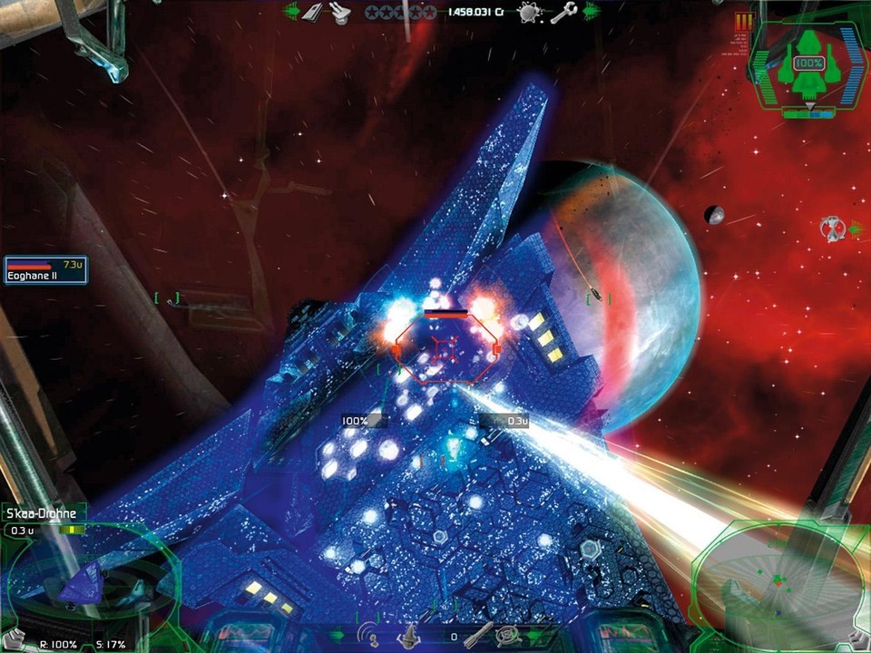 Vor dem Raumschiff der Skaa (das große blaue Ding) nehmen wir via Plasmastrahl die attackierenden Dronen unter Feuer.