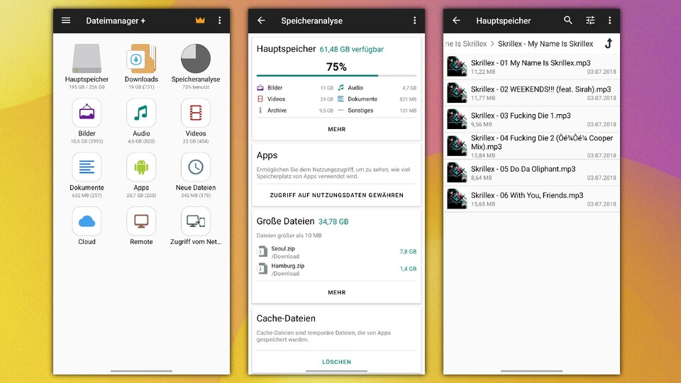 Der Dateimanager Plus überzeugt mich vielleicht nicht mit dem Design, bietet aber praktische Funktionen. (Bildquelle: GameStar Tech)