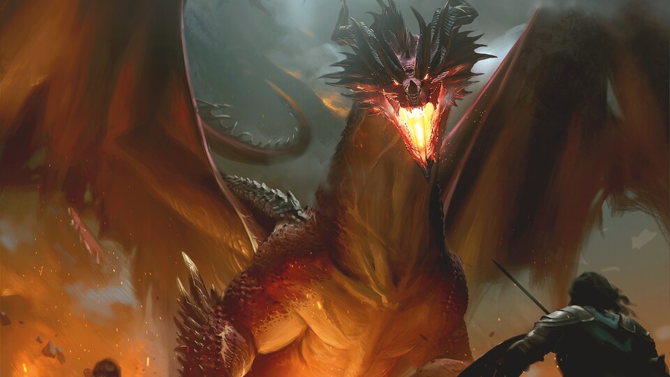 Ein D+D-Handbuch ohne Drachen? Undenkbar! Hier begrüßt euch gleich ein roter Drache mit seinem Feueratem.