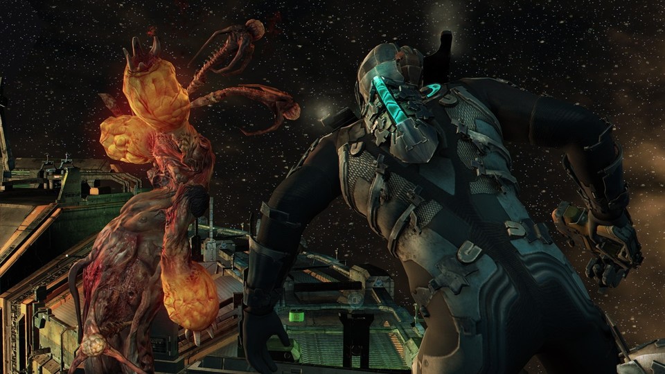 Screenshot aus der Singleplayer-Kampagne zeigt Isaac außerhalb der Station »The Sprawl«.