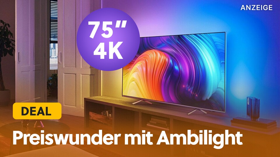 Groß, größer, Ambilight: Dieser 75 Zoll 4K Fernseher ist bei Amazon gerade besonders günstig und sprengt dank Ambilight jeden Rahmen.