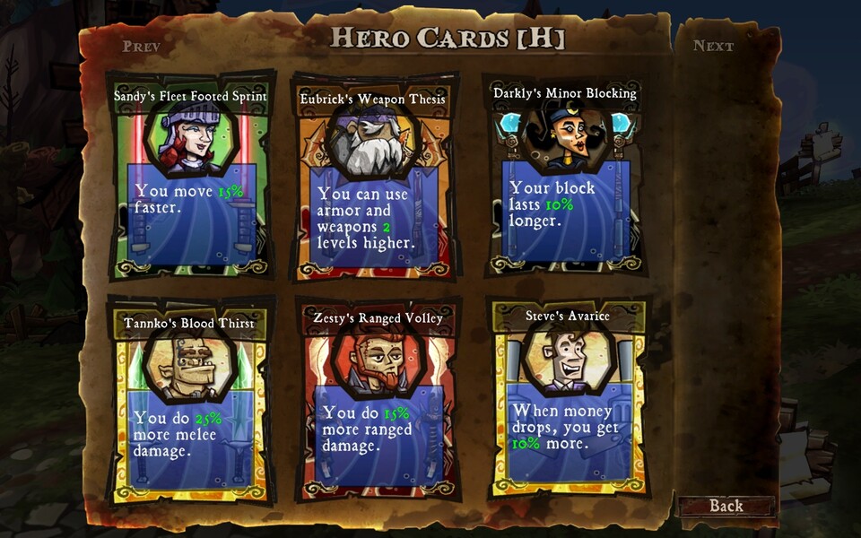 Das Charaktersystem beschränkt sich auf Heldenkarten, die Deathspank etwa schneller laufen lassen.
