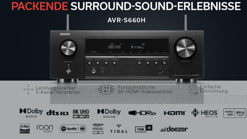 Ob Schallplattenspieler, PS5, TV oder Spotify über Bluetooth: Der Denon AV-Receiver ist eure Schaltzentrale.