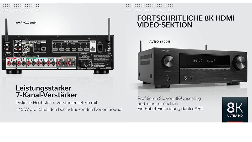 4K120Hz, 8K60Hz, Dolby Atmos, bis zu 7.2 Kanäle, Verstärker, Phono-Anschluss für Plattenspieler, Einmesssystem und Bluetooth - der Denon ist richtig gut ausgestattet und für moderne TVs ausgelegt.