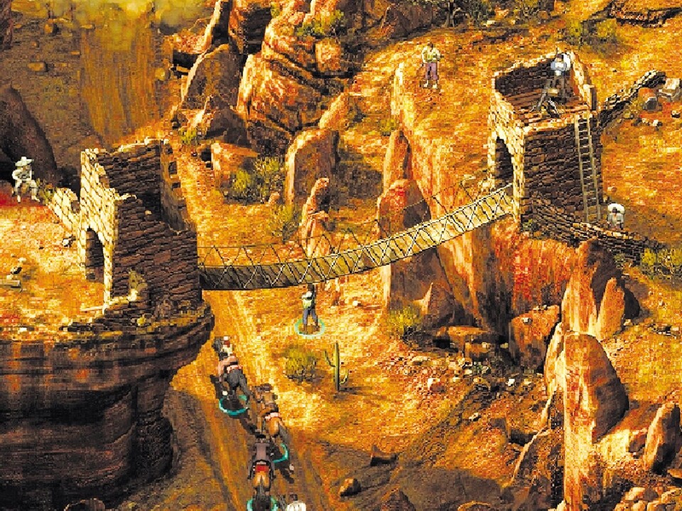 Hinterhalt von oben: In diesem tiefen Canyon fällt eine Horde Banditen aus gut gesicherten Stellungen über unsere Helden her.