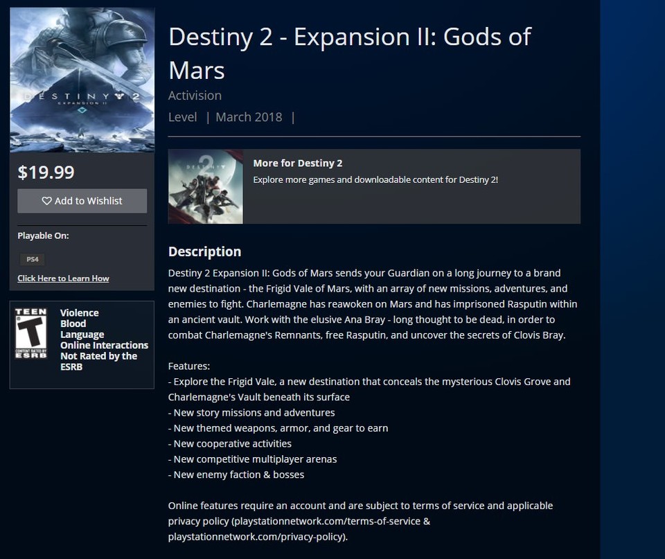Destiny 2: Gods of Mars könnte für kurze Zeit im Playstation Store gelistet worden sein. Update: Das Bild ist wahrscheinlich ein Fake.