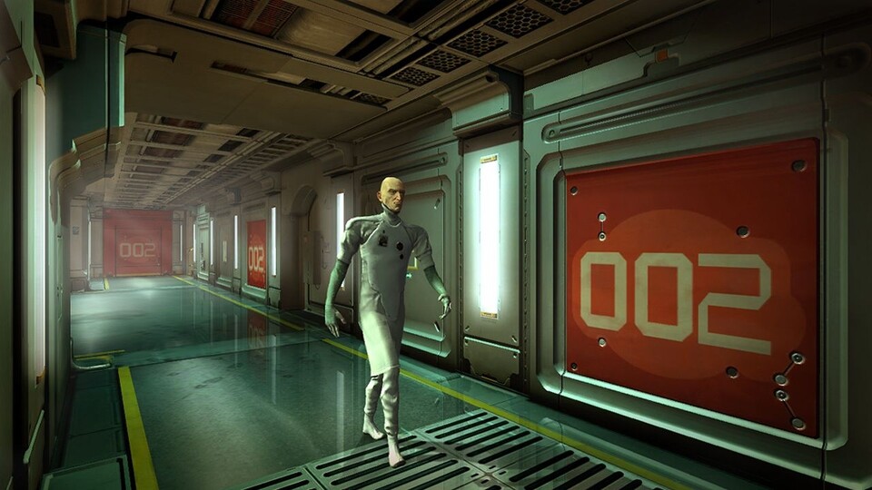 Der optische Stil von Deus Ex ist kontrastreich und oft stilisiert, aber trotzdem enorm detailliert. Dieser Trakt führt in den Laborraum.