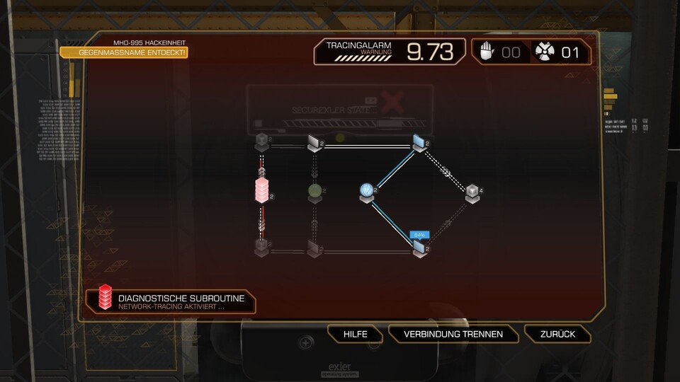Deus Ex Human Revolution : Das Hacking-Minispiel wird auf dem Touchpad gespielt, auf dem großen Bildschirm sehen wir eine Übersicht des zu hackenden Netzwerkes.