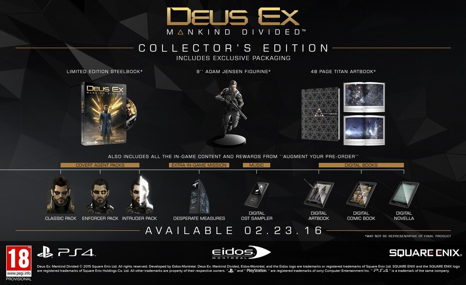 Deus Ex: Mankind Divided - Die Collector's Edition beinhaltet alle Vorbesteller-Boni plus Artbook und Statue.