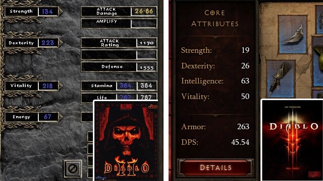 Fast wie in Teil 2 (links) werden die Werte in Diablo 3 jetzt bezeichnet.