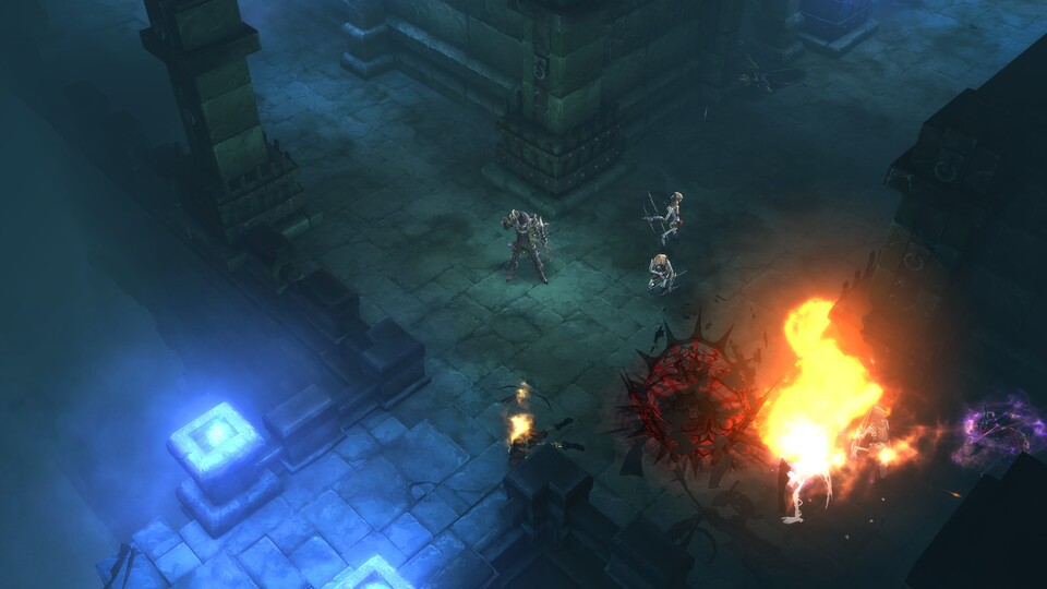 The demon hunter bombs his enemies with grenades while luring them into his spike trap at the same time.