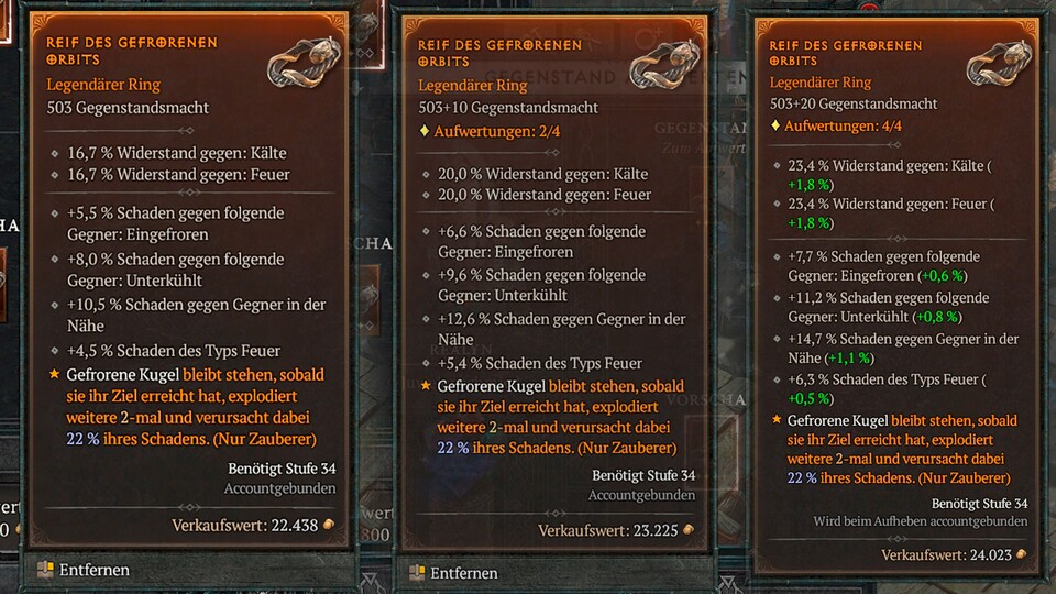 Die Werte eines nicht bearbeiteten legendären Rings (links) steigen nach zwei (Mitte) und vier Verbesserungen (rechts) spürbar.