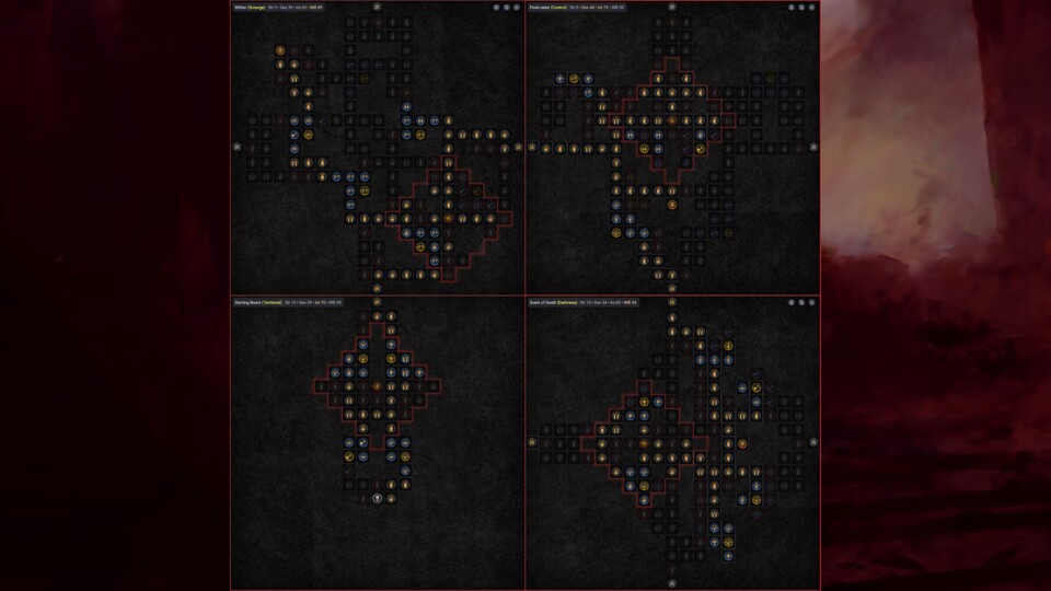 Im Gegensatz zu einigen anderen Klassen, verwendet der Infimist-Totenbeschwörer nur vier Paragonbretter und Glyphen. Die haben es dafür aber in sich. (Planergrafik erstellt via d4builds.gg)