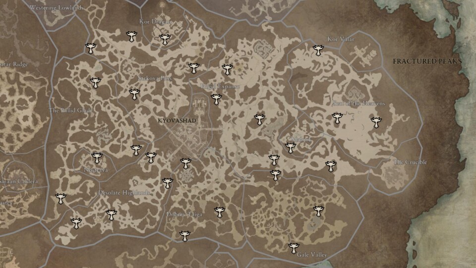 Diese Karte zeigt euch jeden Lilith Altar in der Region Zersplitterte Gipfel. Die Karte wurde mithilfe der Seite d4planner.io erstellt.