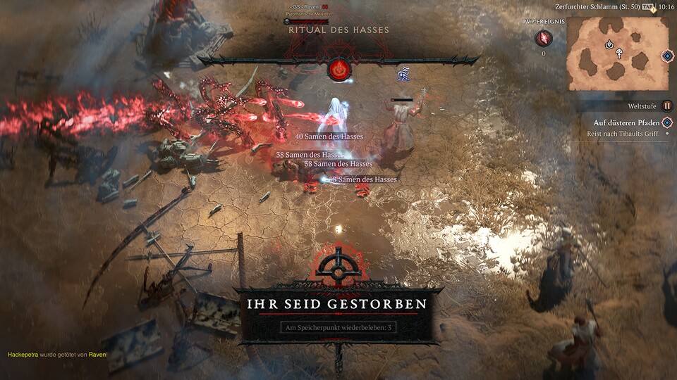 Kampfeffekte feindlicher Spieler werden rot eingefärbt. Die erbeuteten Samen des Hasses wandeln wir an Altären (oben links) in die PvP-Währung Roter Staub um.