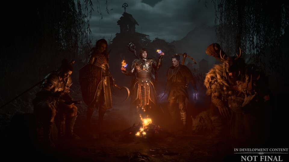 Eine Hommage an Diablo 2: In der Charakterauswahl sitzen alle Klassen wieder gemeinsam am Lagerfeuer.