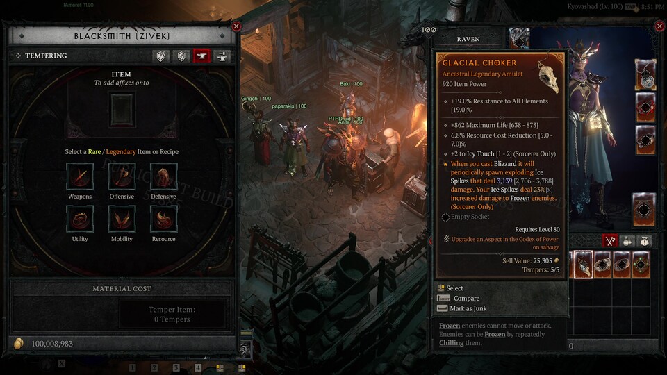 Neue legendäre Gegenstände haben nur noch drei Werte, die man vergleichen muss. Mit dem neuen Härten (links) können es aber bis zu fünf werden. Die Zeile unten verrät, dass ein Zerlegen einen Kodex-Aspekt verbessern würde.