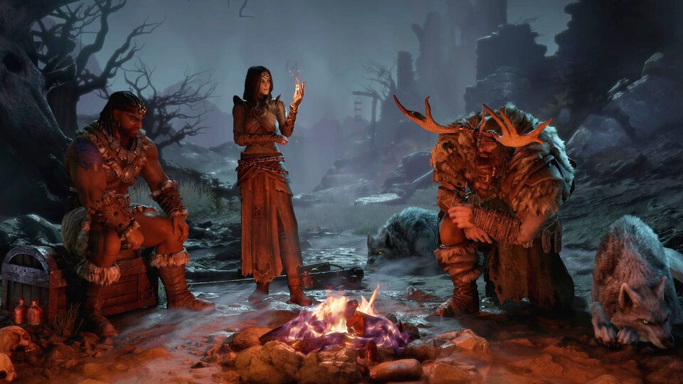 Diablo 4 erinnert bereits in der Klassenauswahl an Diablo 2. Die Helden sitzen gemeinsam am Lagerfeuer. 
