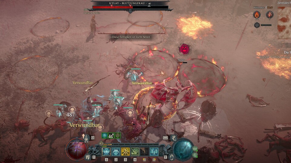 In den Bosskämpfen mit der Blutjungfrau geht es heiß her, der Bildschirm füllt sich immer wieder mit großflächigen AoE-Attacken.