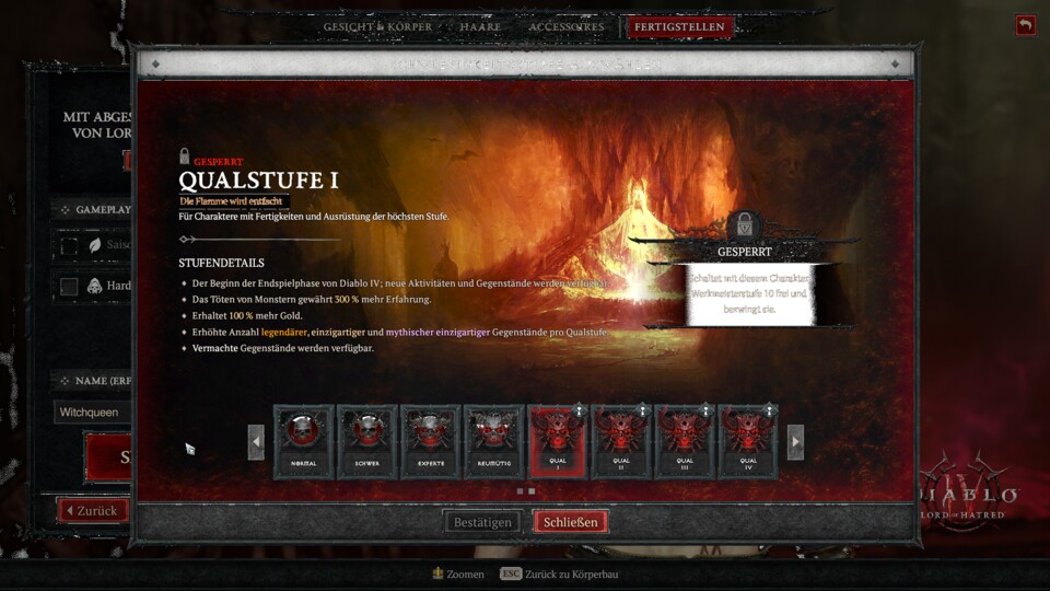 Bei neuen Charakteren ist die Schwierigkeitsstufe Qual noch gesperrt. Für euren ersten Run empfehlen wir normal oder schwer.