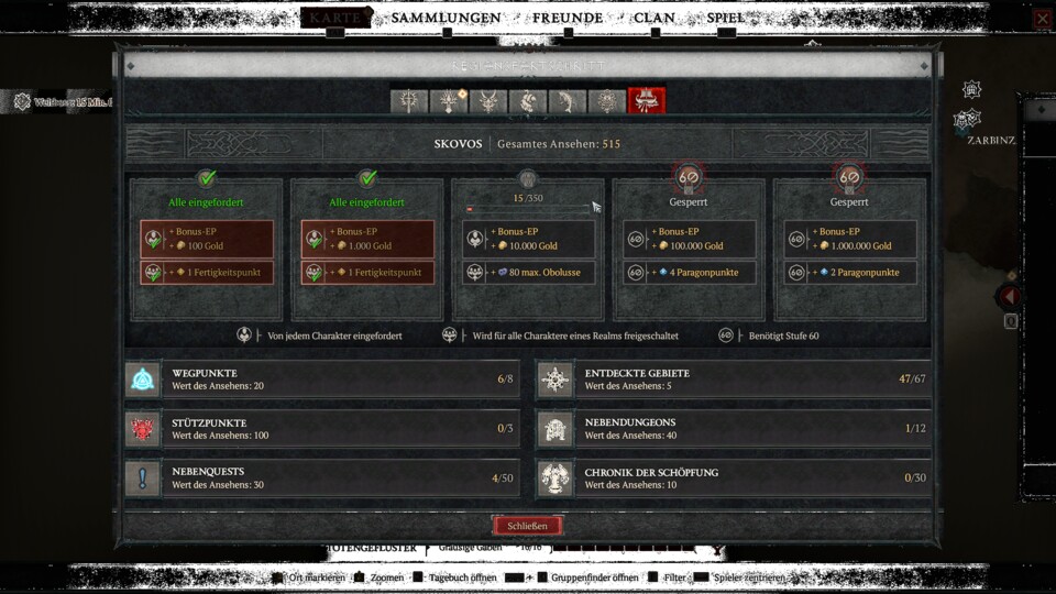 Die ersten beiden Belohnungen der ­Region Skovos haben wir eingelöst, die letzten beiden sind für unseren Charakter noch gesperrt.