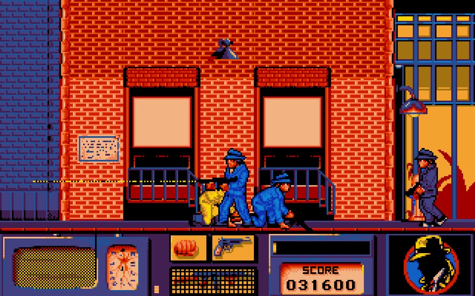 Eine repräsentative chaotische Spielszene der PC-Version: Freund und Feind können nur im Stehen schießen, darum geht Dick Tracy (gelbes Sprite) zum Selbstschutz in die Hocke. (PC/EGA)