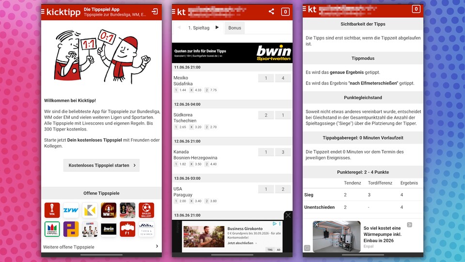 Mit Kicktipp könnt ihr kostenlos auf verschiedene WM-Spiele tippen und euren Freundeskreis einladen. (Bildquelle: Kicktipp GameStar Tech)